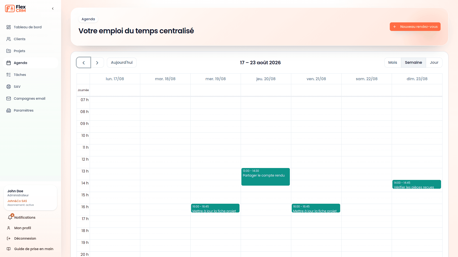 Capture de l’agenda connecté dans Flex CRM