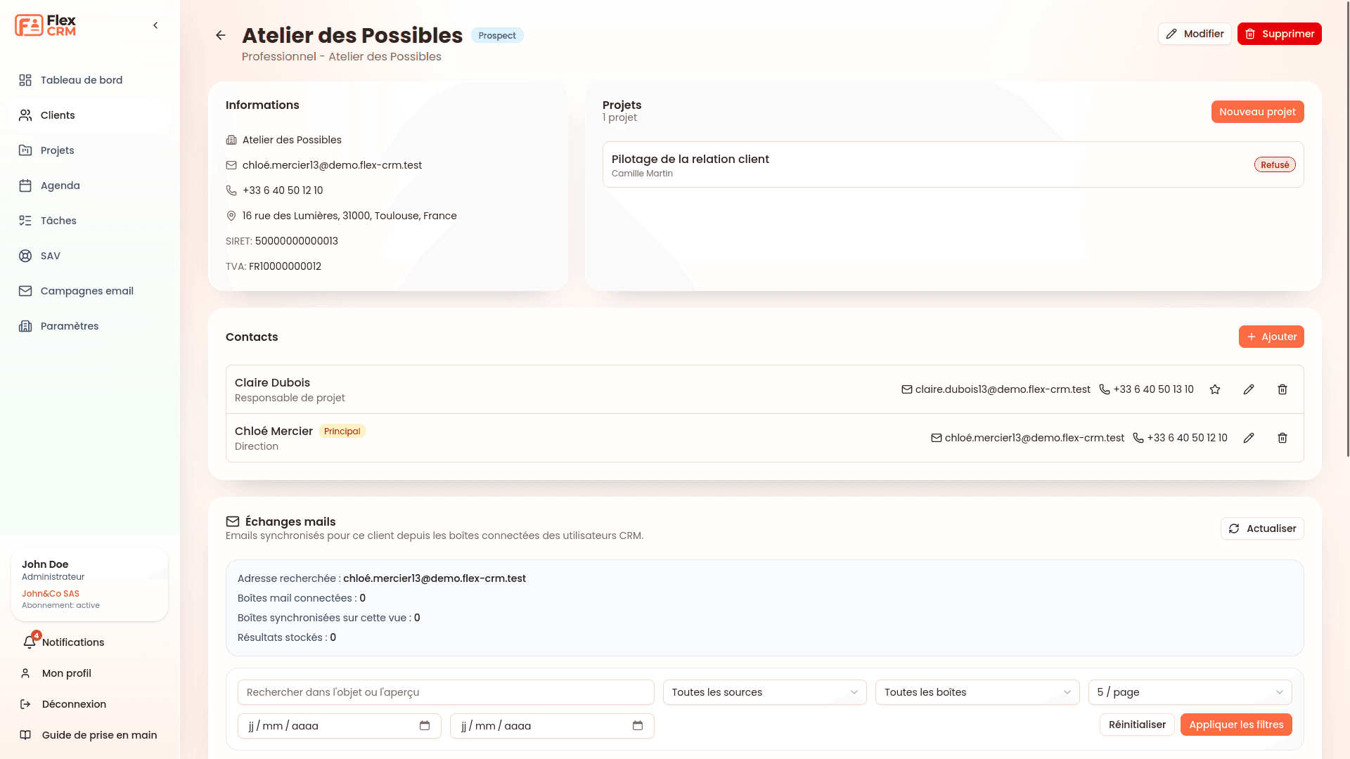 Aperçu d’une fiche client Flex CRM