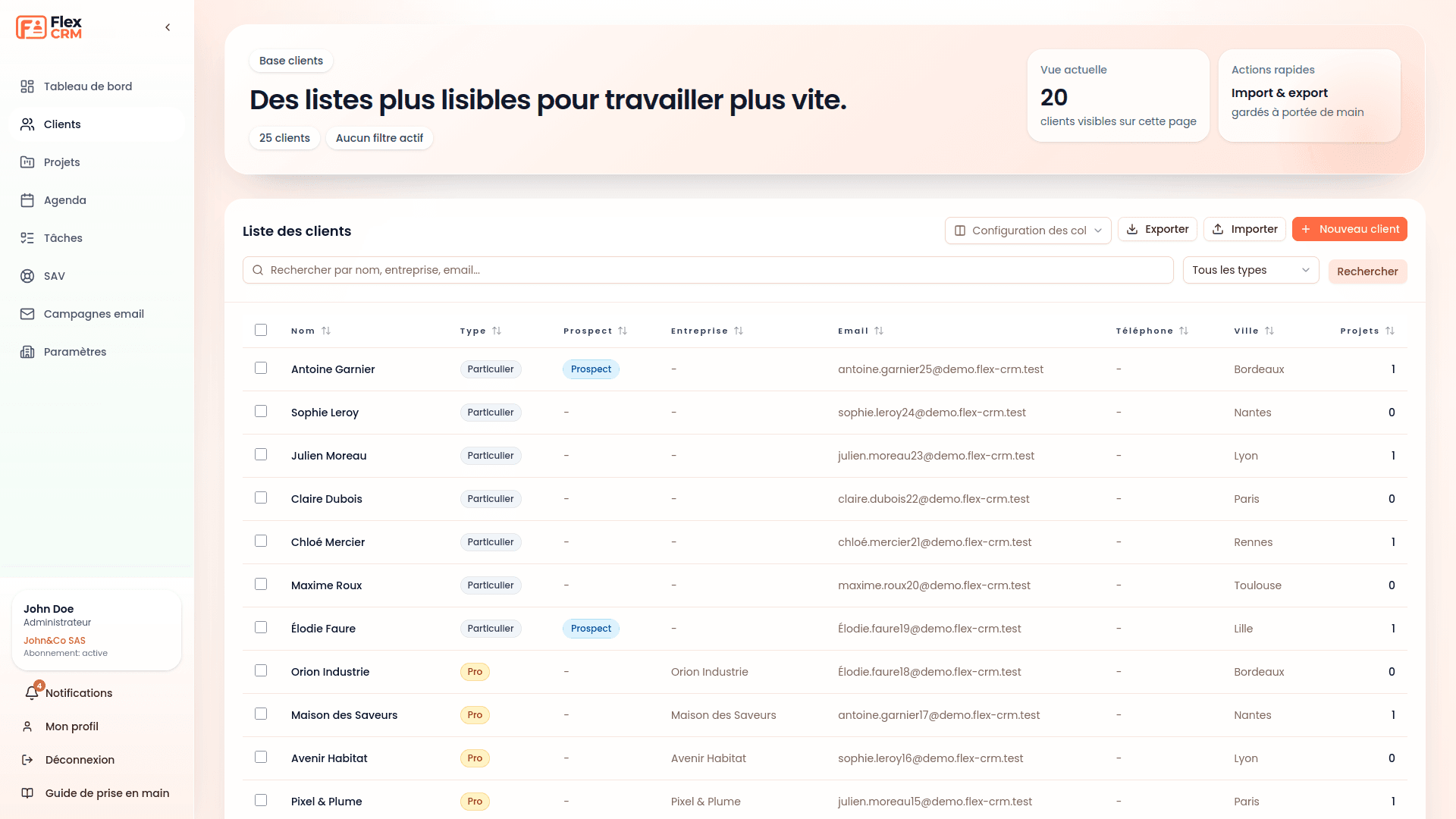 Capture de la liste des clients de Flex CRM