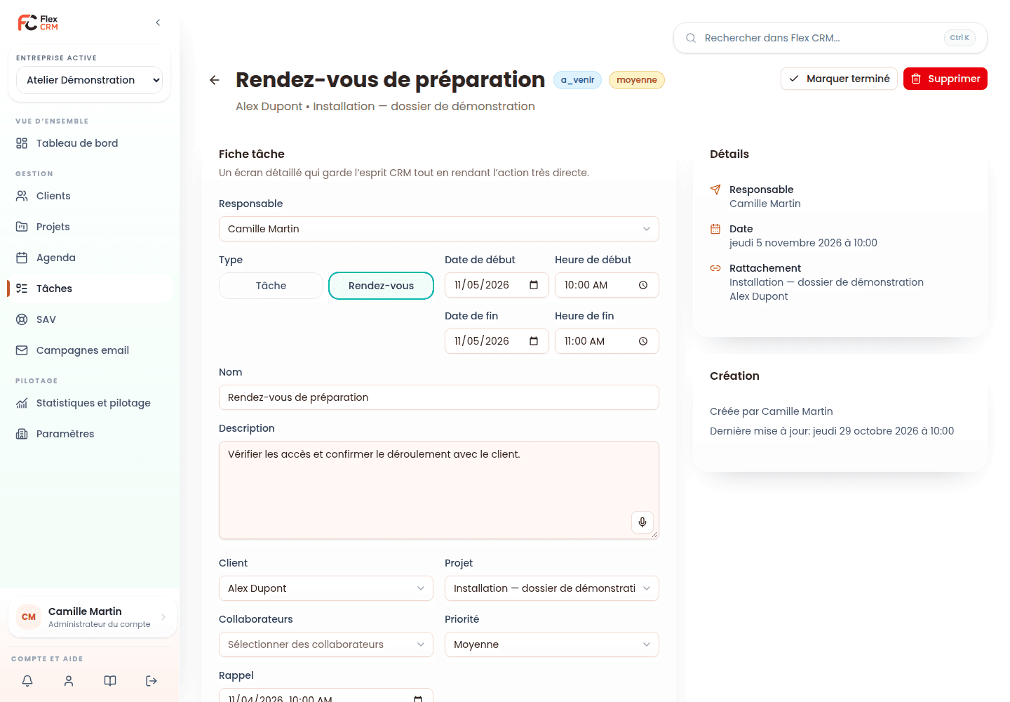 Rendez-vous client Flex CRM — données de démonstration