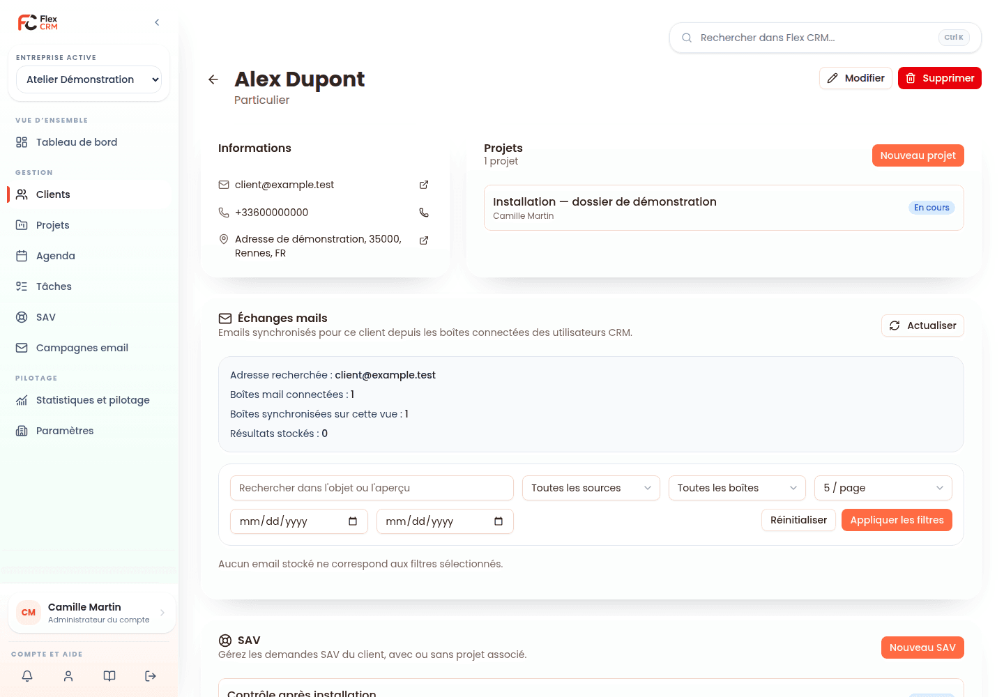 Fiche client Flex CRM — données de démonstration