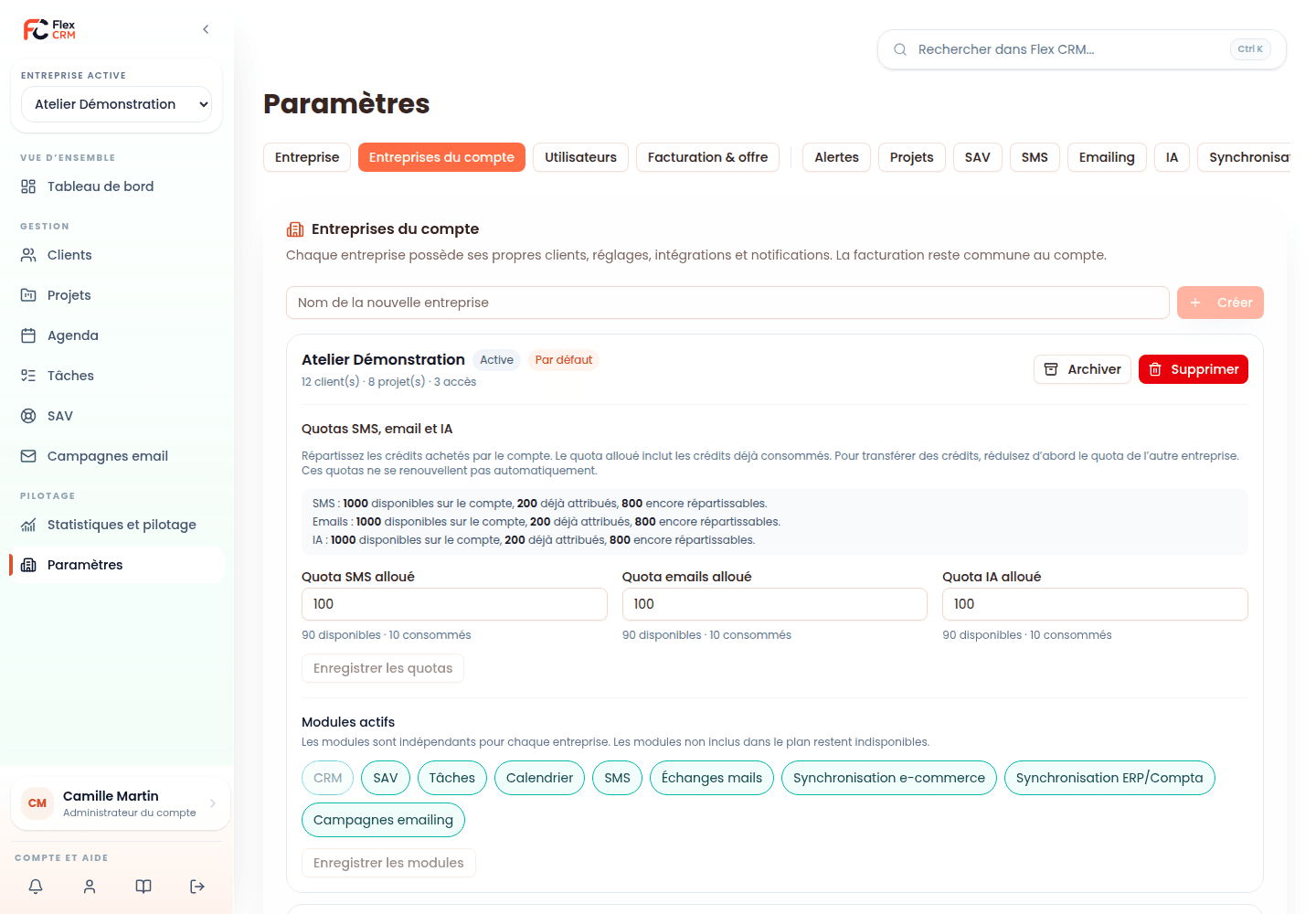 Espaces d’entreprise et accès Flex CRM — données de démonstration