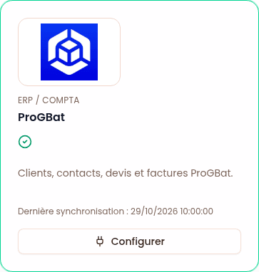 Connexion progbat dans Flex CRM — données de démonstration