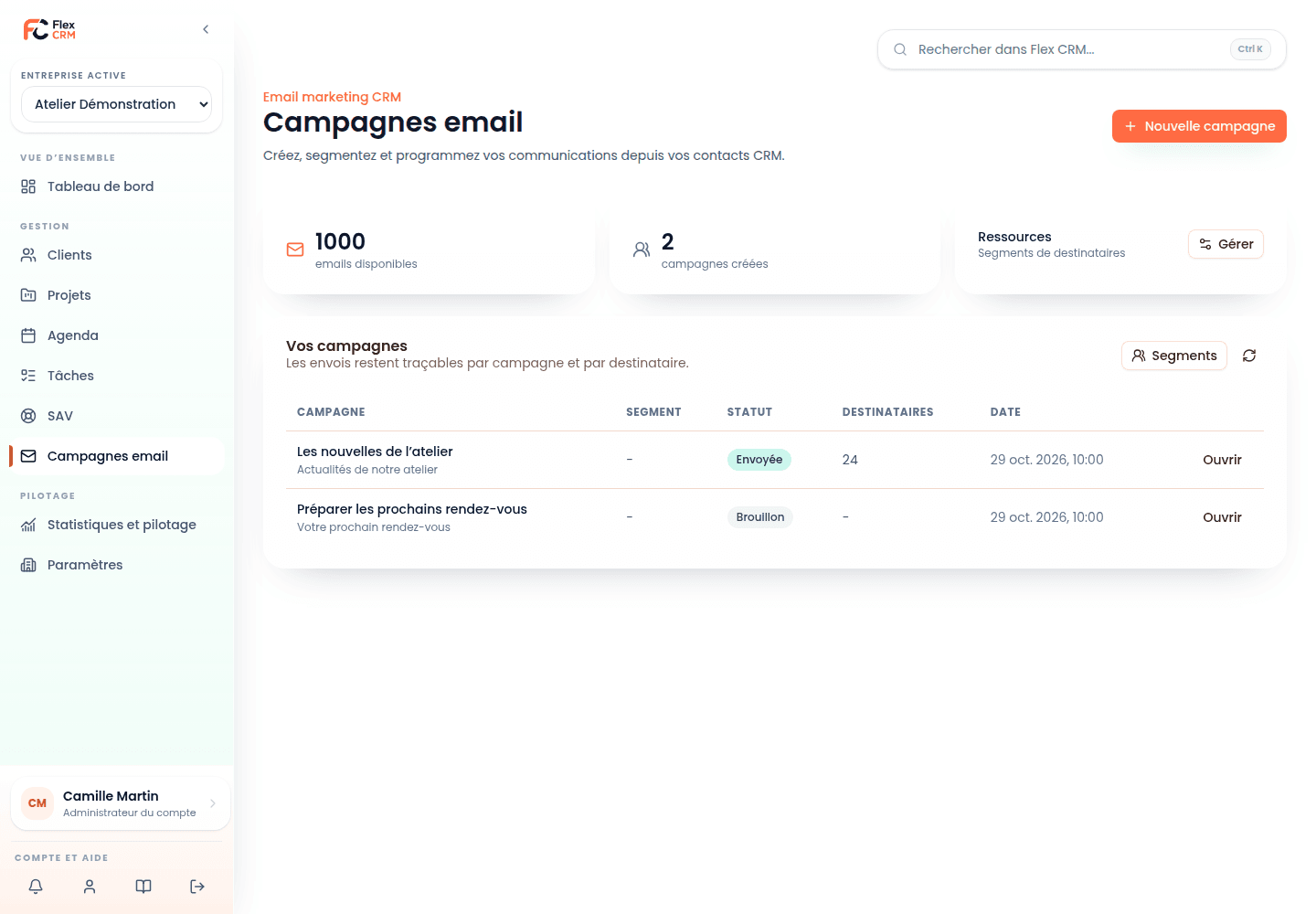 Campagnes emailing Flex CRM — données de démonstration
