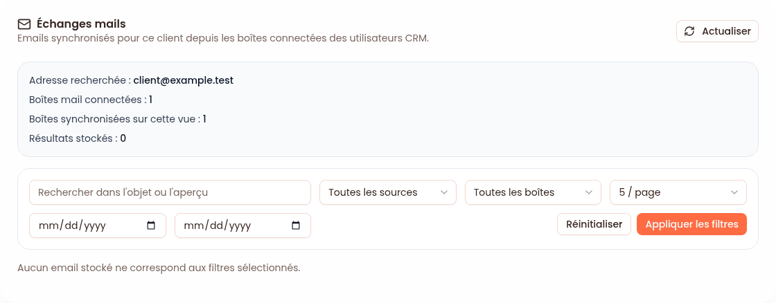 Historique des échanges client Outlook — données de démonstration