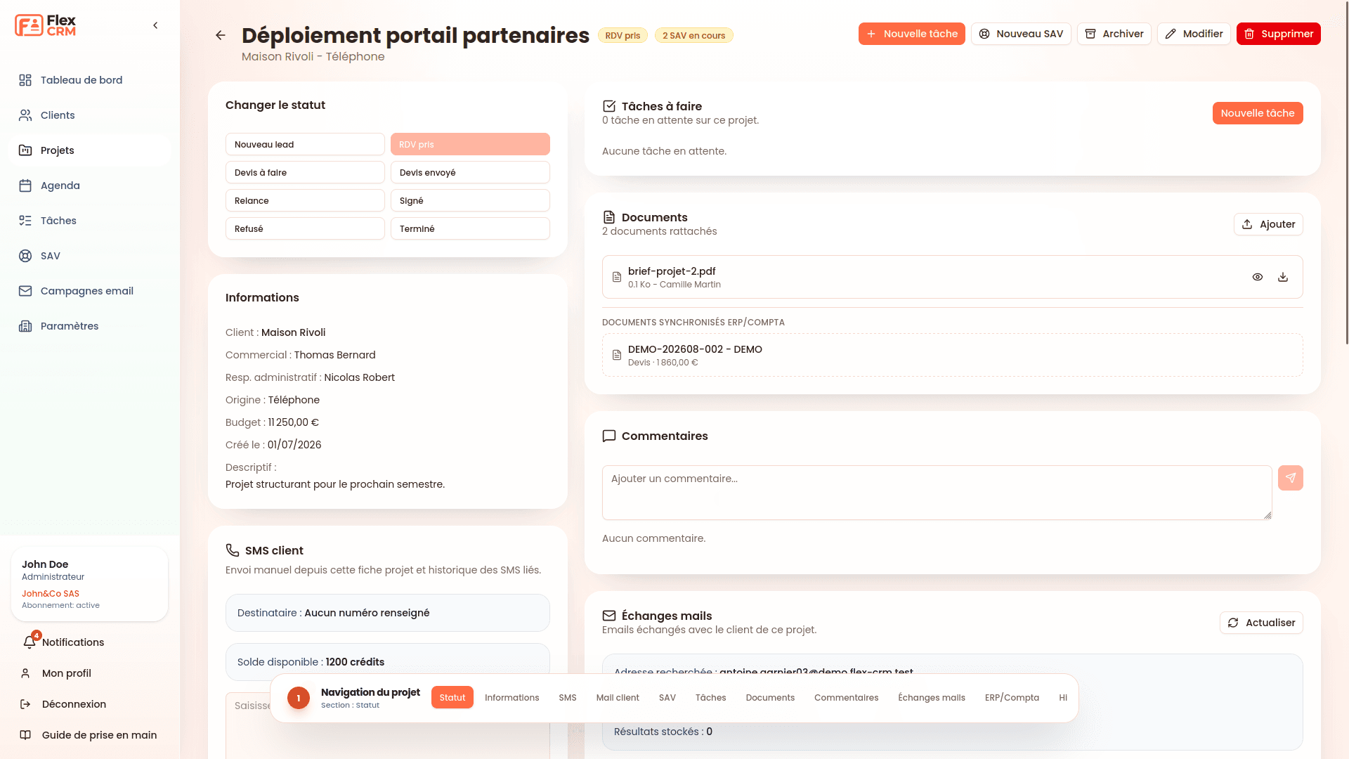 Aperçu d’une fiche projet Flex CRM