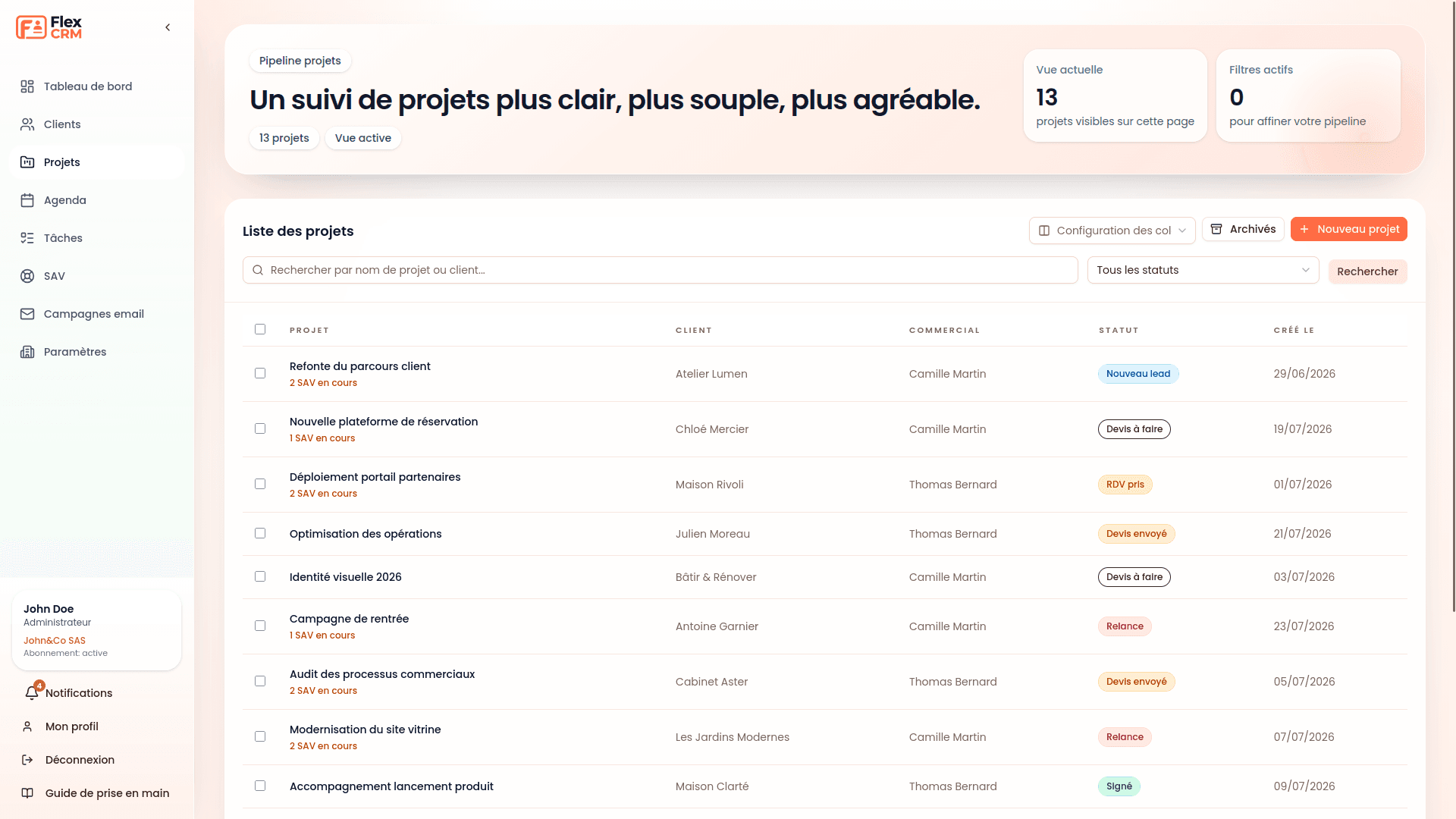 Aperçu de la liste des projets Flex CRM