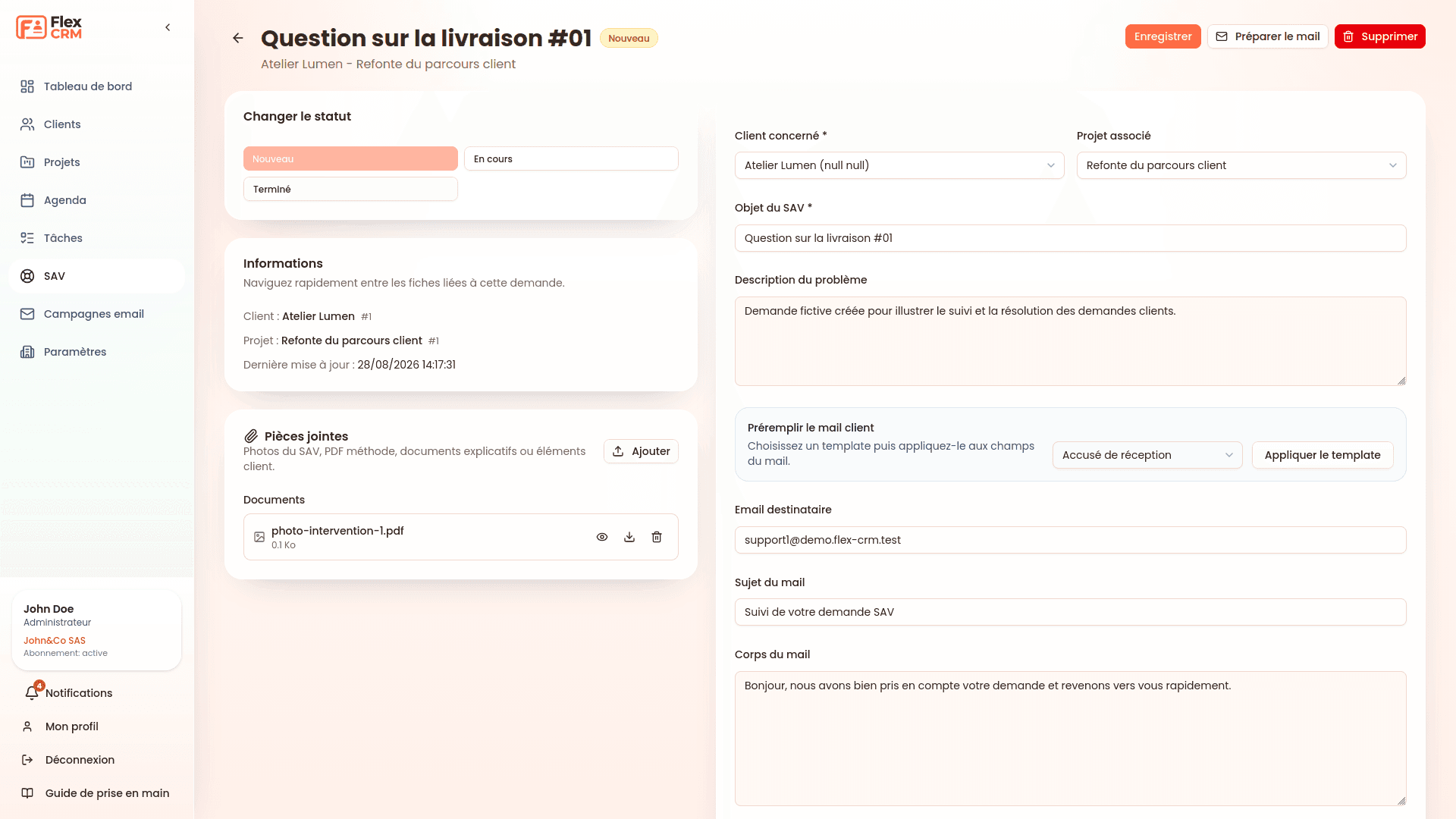 Aperçu d’une demande SAV Flex CRM