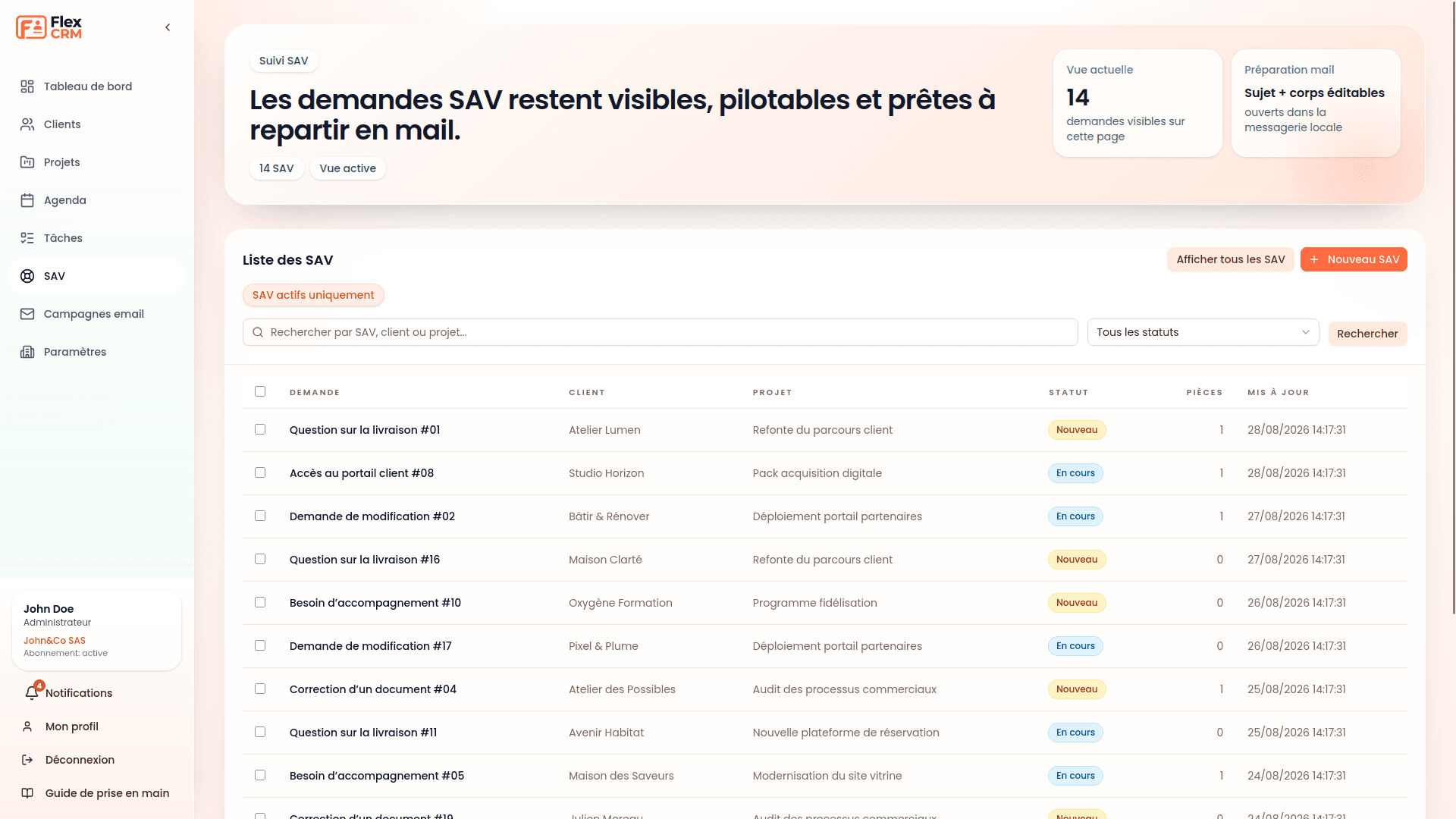 Capture de la liste des demandes SAV dans Flex CRM