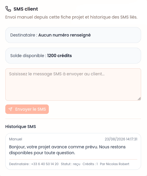 Aperçu de la carte SMS client Flex CRM