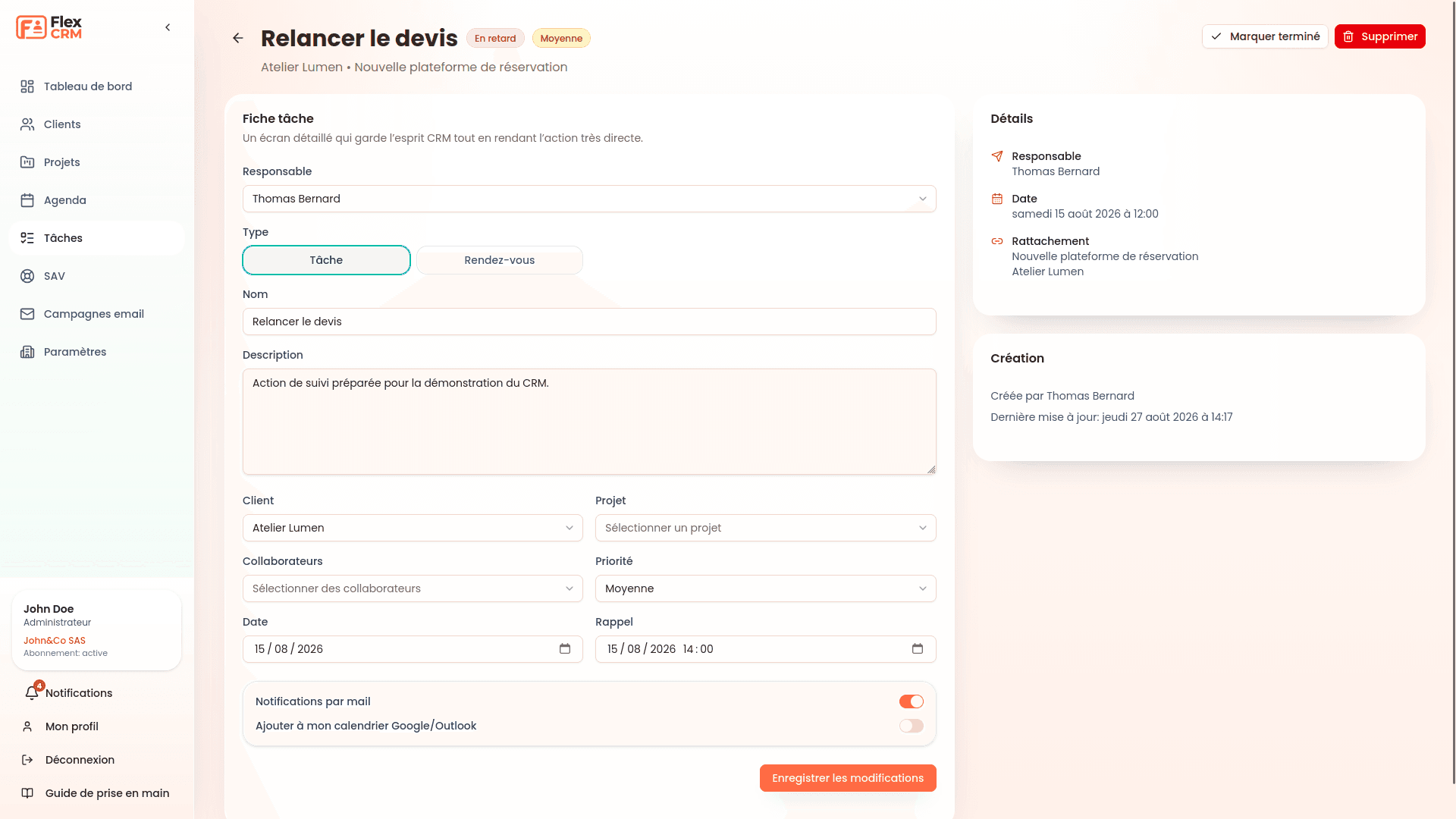 Aperçu d’une fiche tâche Flex CRM