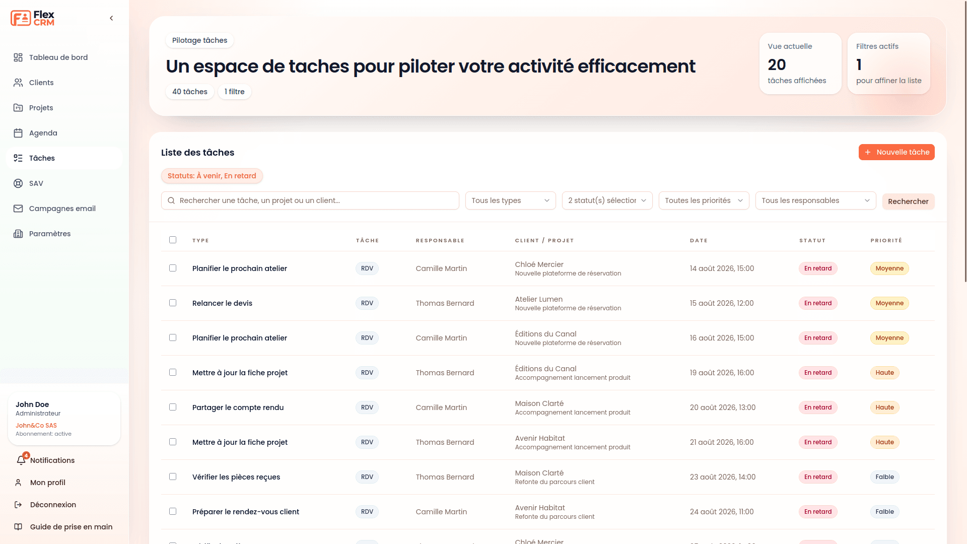 Capture de la liste des tâches et rendez-vous dans Flex CRM